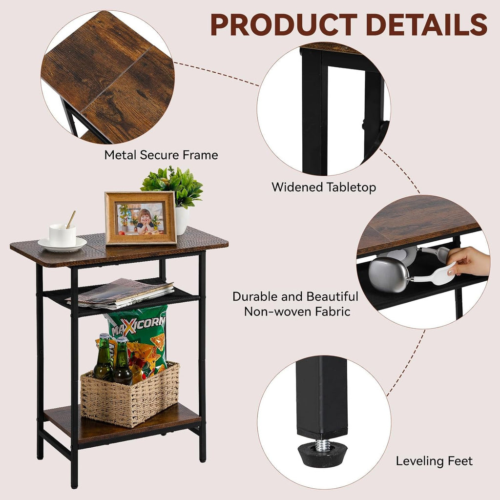 3-Tier Side Table for Living Room, Narrow End Table for Small Spaces with Wide Storage Tabletop,Rustic Brown Slim Couch Side Table Nightstand for Bedroom, Sofa