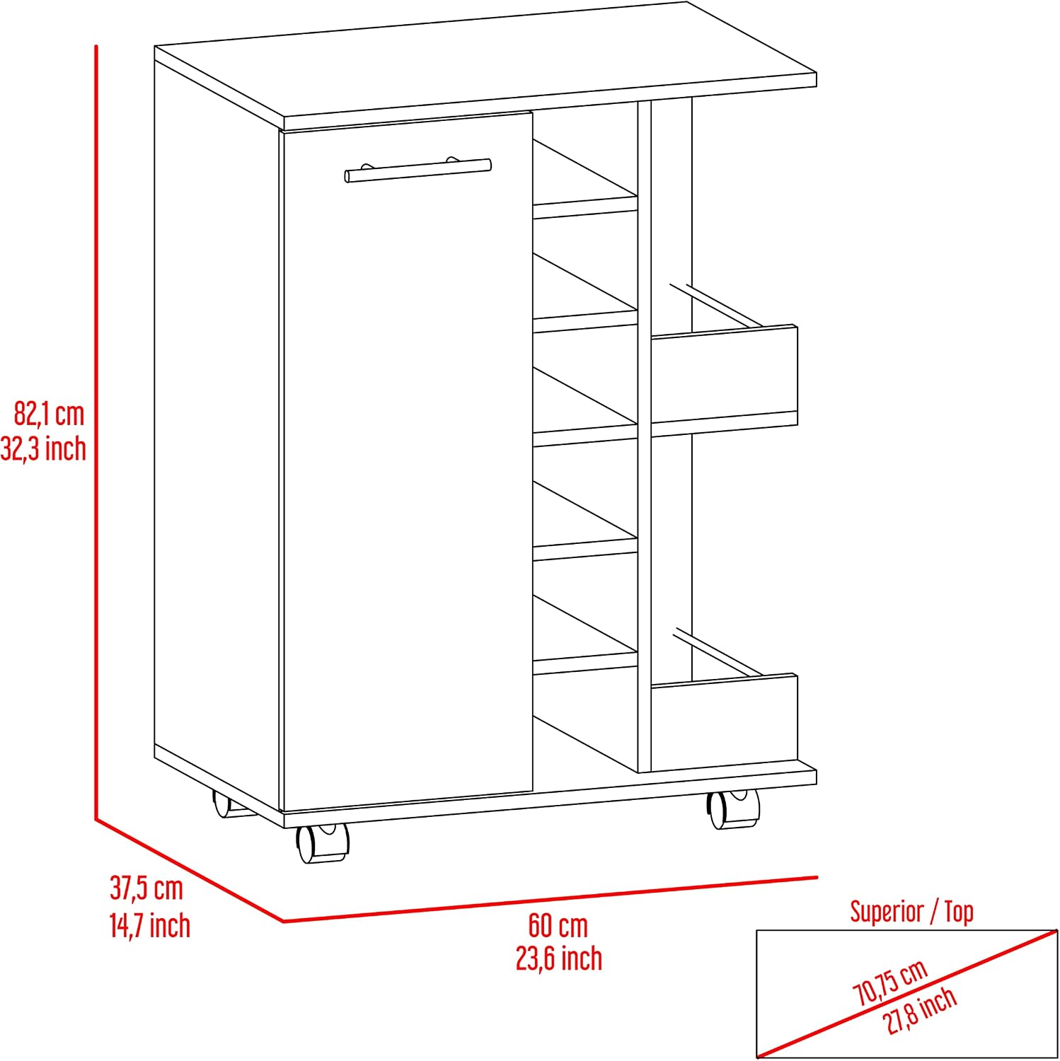 Tuhome Bar Cart, Two External Shelves, Four Casters, Six Built-in Wine Rack, Single Door Cabinet -Smokey Oak