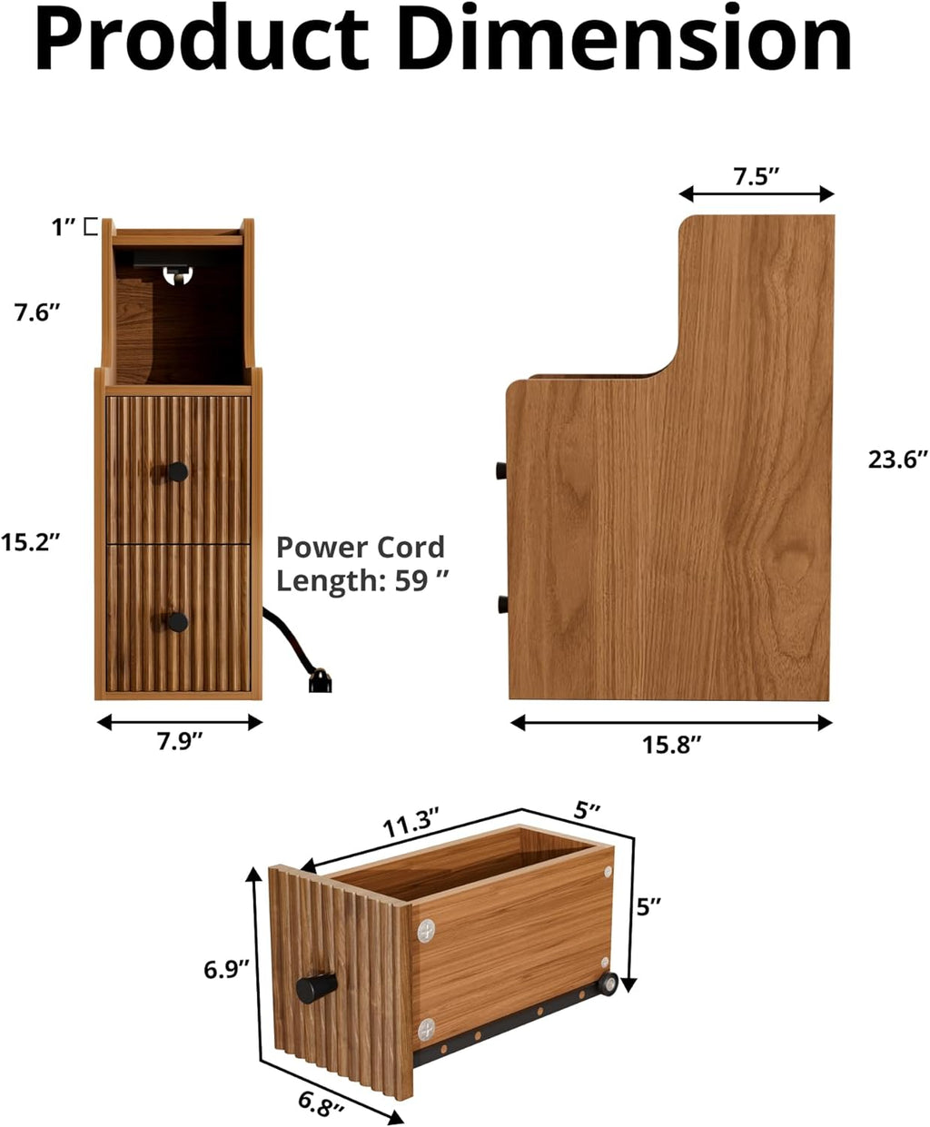 Narrow Side Table with Charging Station, Slim Nightstands with Storage Drawers, Mid Century Modern Bedside Tables for Living Room, Small Spaces, Bedroom