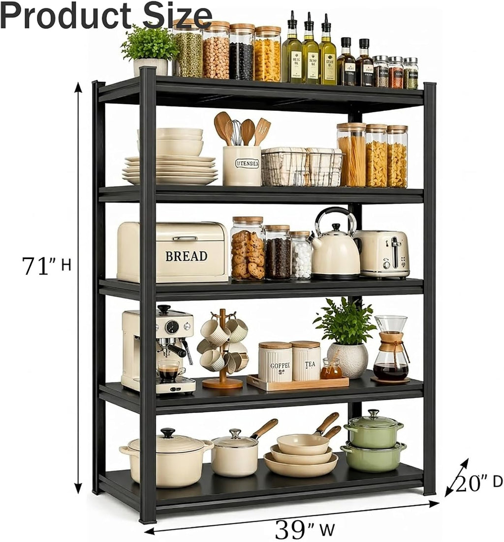 Kitchen Pantry Storage Shelves, 5-Tier Heavy Duty Metal Shelving Unit, Black Adjustable Deep Shelf Organizer for Pots, Pans, Food, and Pantry Items (5-45" W X 16" D X 71" H)