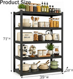 Kitchen Pantry Storage Shelves, 5-Tier Heavy Duty Metal Shelving Unit, Black Adjustable Deep Shelf Organizer for Pots, Pans, Food, and Pantry Items (5-45" W X 16" D X 71" H)