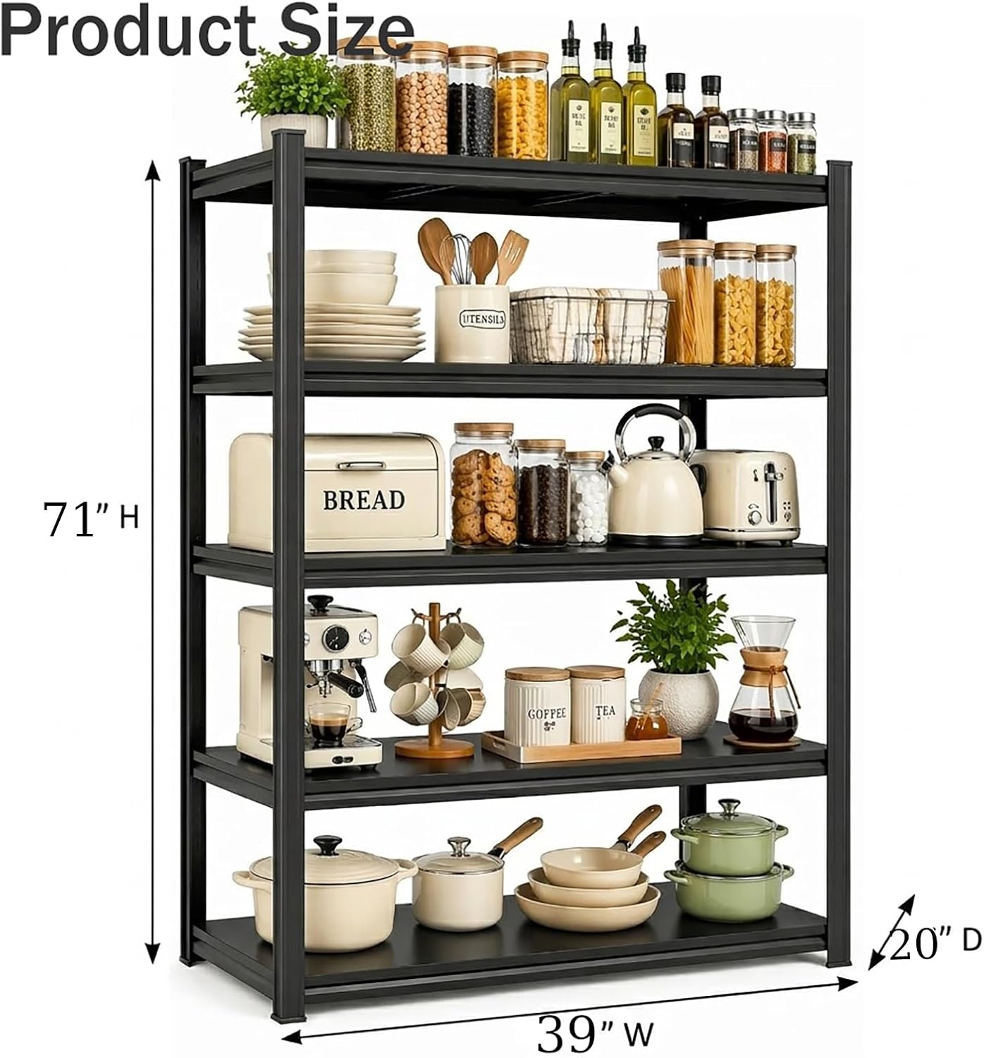 Kitchen Pantry Storage Shelves, 5-Tier Heavy Duty Metal Shelving Unit, Black Adjustable Deep Shelf Organizer for Pots, Pans, Food, and Pantry Items (5-45" W X 16" D X 71" H)