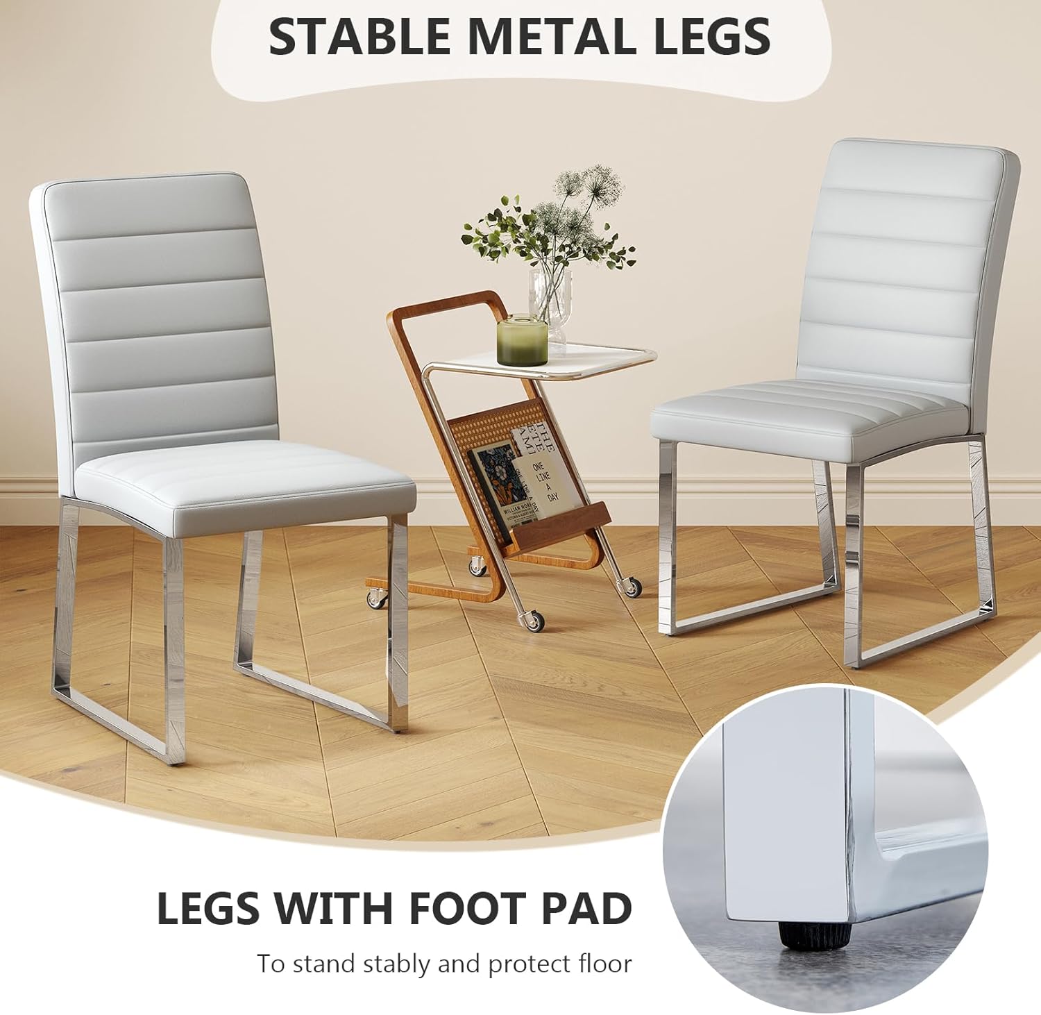 Hommoo Dining Chairs Set of 4, Faux Leather Upholstered Kitchen Chairs, Padded Seat Armless Dining Room Chair with Metal Leg, Modern Dinner Chair for Restaurant Living Room Grey