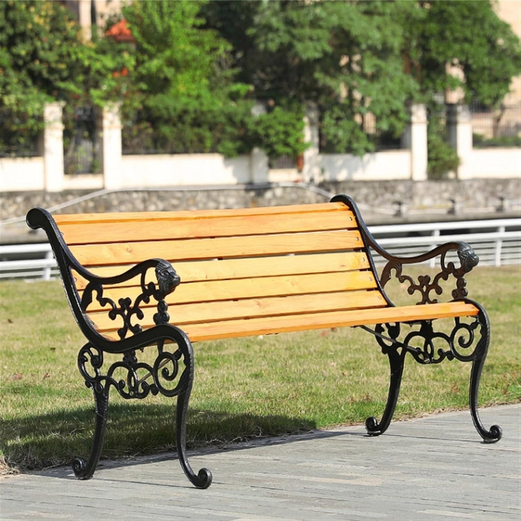 Patio Benches for Outdoors Outdoor Benches, Patio Garden Leisure with Cast Iron Carved Armrests and Legs, Slat Seats and Backrest, for, Courtyard, Backyard Garden Benches for Outdoors
