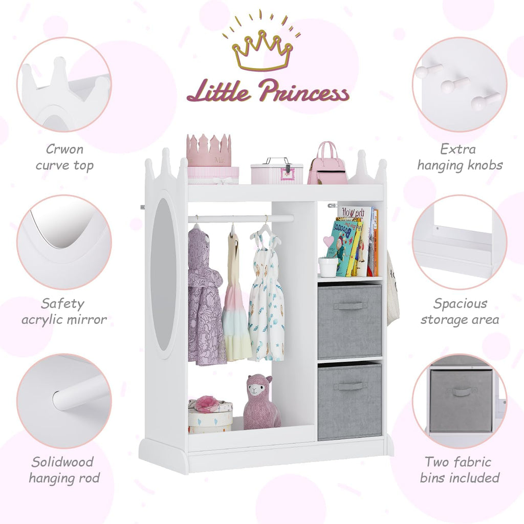 UTEX Kids Dress up Storage with Crown-Shaped Design and 2 Fabric Bins | See and Store Kids Wardrobe, Toddler Dress Up Rack, Open Hanging Armoire Closet, Water-based Paint, Princess Style