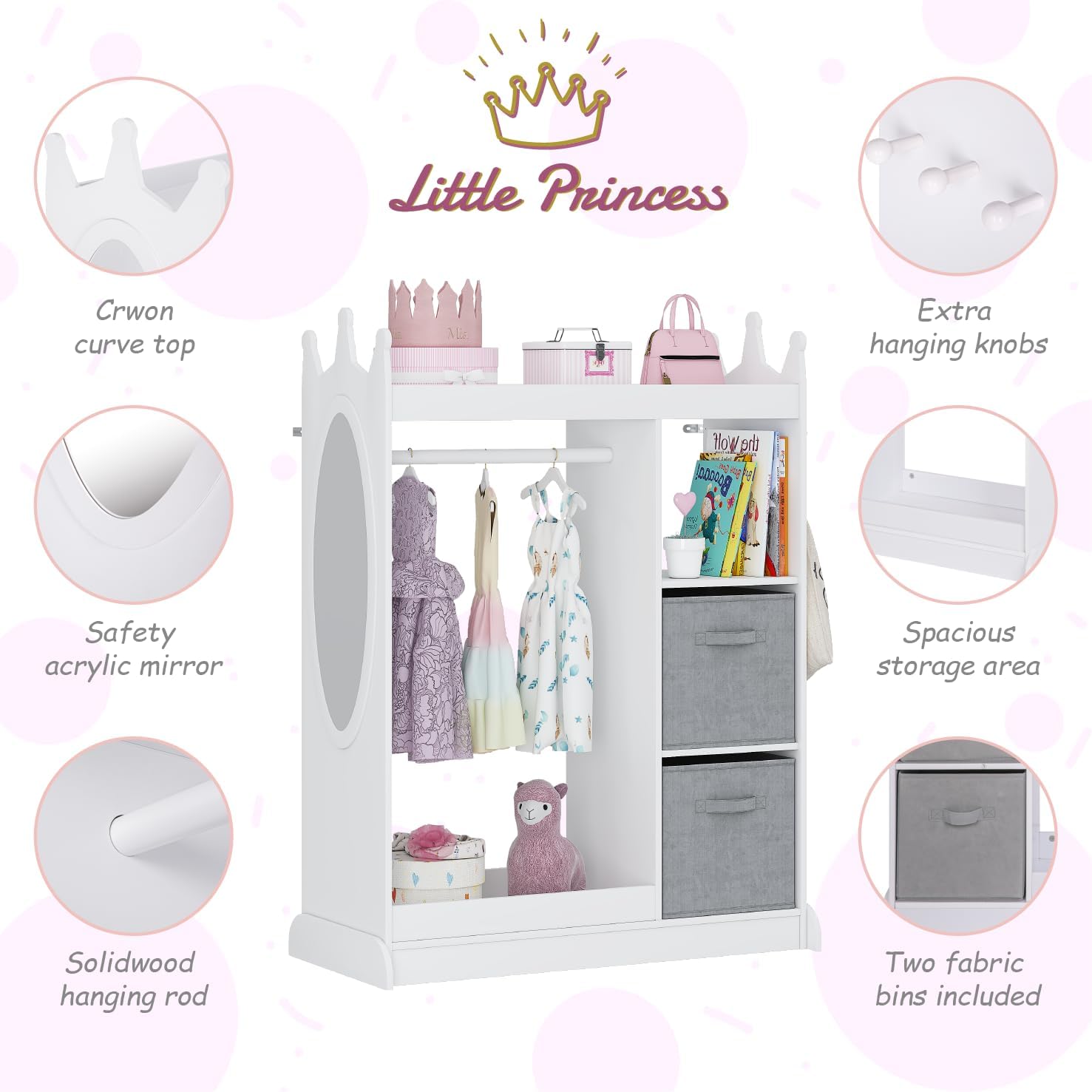 UTEX Kids Dress up Storage with Crown-Shaped Design and 2 Fabric Bins | See and Store Kids Wardrobe, Toddler Dress Up Rack, Open Hanging Armoire Closet, Water-based Paint, Princess Style