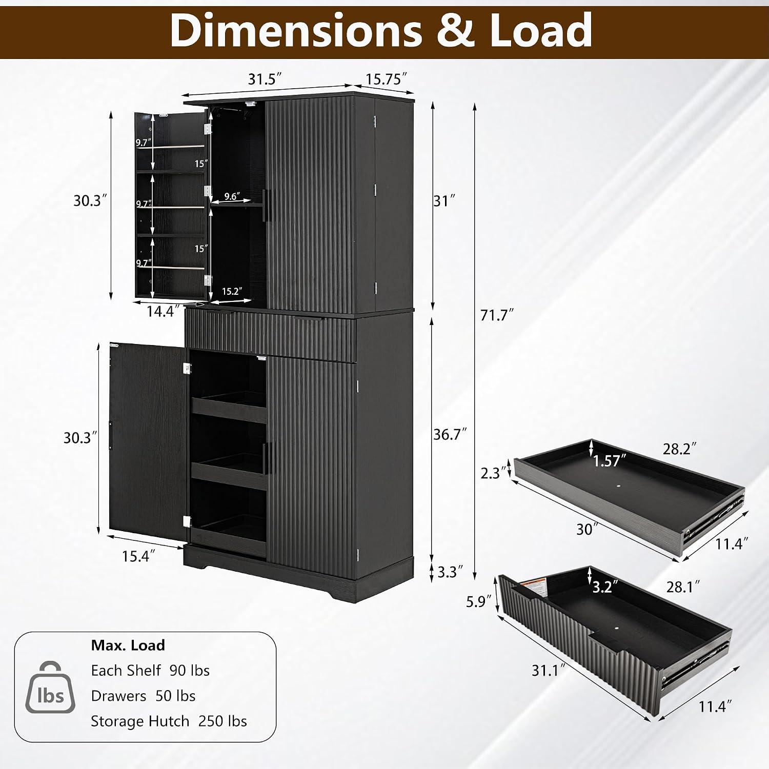 72” Kitchen Pantry Cabinet, Fluted Kitchen Cupboard with Doors and Large Drawer,Tall Storage Cabinet with Adjustable Shelves for Dining Room, Bathroom,Living Room(Black)
