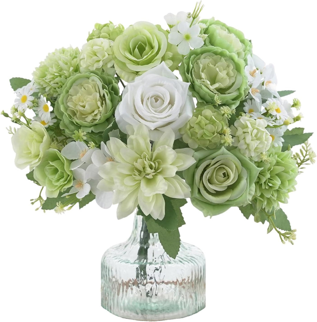 4 Pcs Mixed Artificial Flowers Set, Small Artificial Peony Bouquet Fake Rose Flower Silk Floral Arrangements for Table Centerpiece Home Wedding Party Bridal Decoration(Green, 2 Bouquets & 2 Stems)