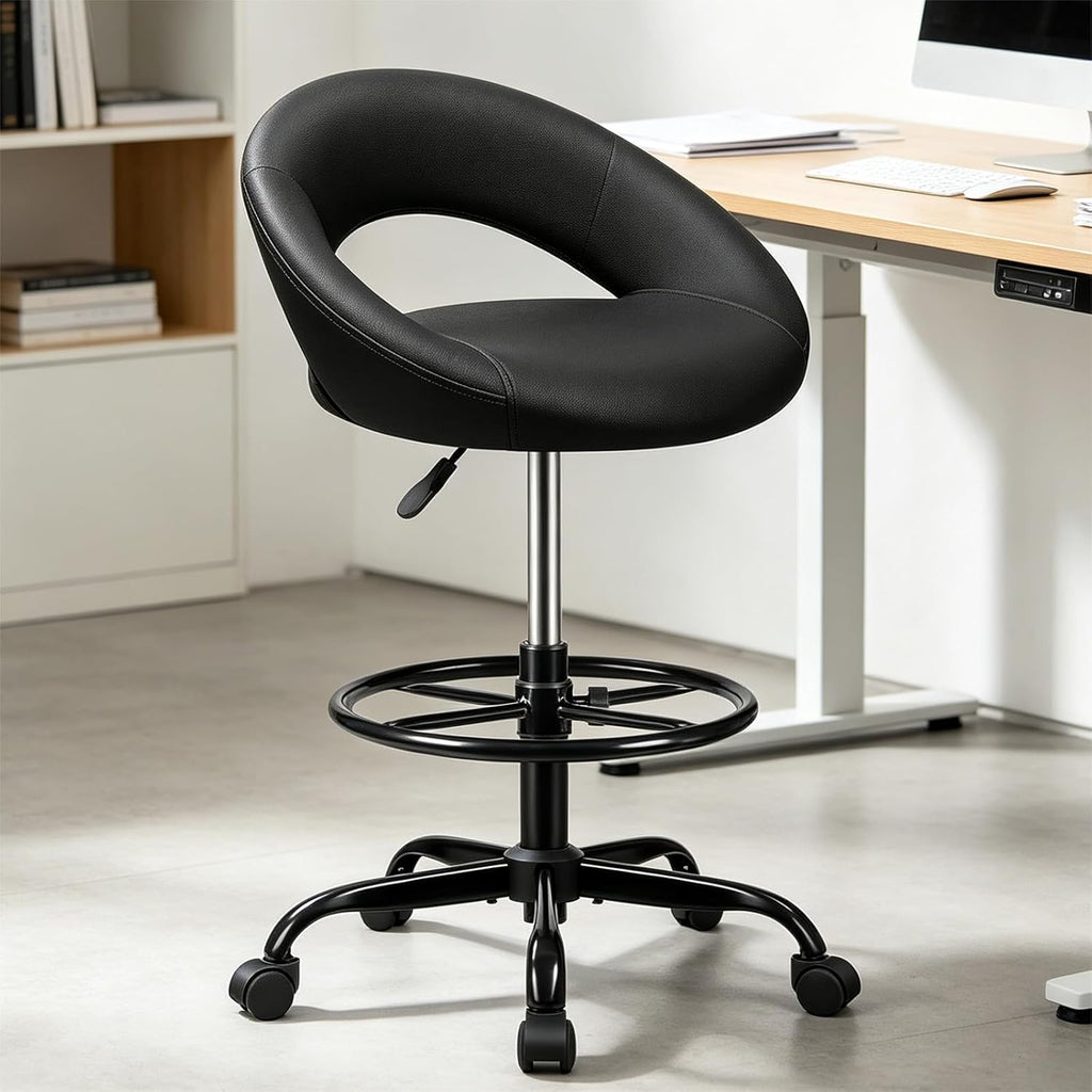Ergonomic Drafting Chair for Standing Desk, Height Adjustable Rolling Stool with Foot Rest, Tall PU Leather Chair with Wheels and Back Support for Home Office Kitchen Counter, Black
