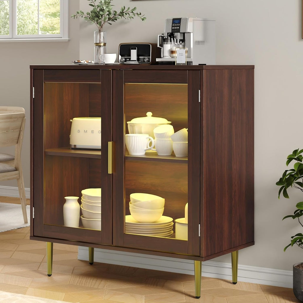 Housoul Buffet Cabinet with LED Lights, Sideboard Cabinet with 2 Doors Acrylic, 32" Modern Buffet Cabinet with Shelf, Coffee Bar Cabinet for Living Room, Kitchen, Walnut
