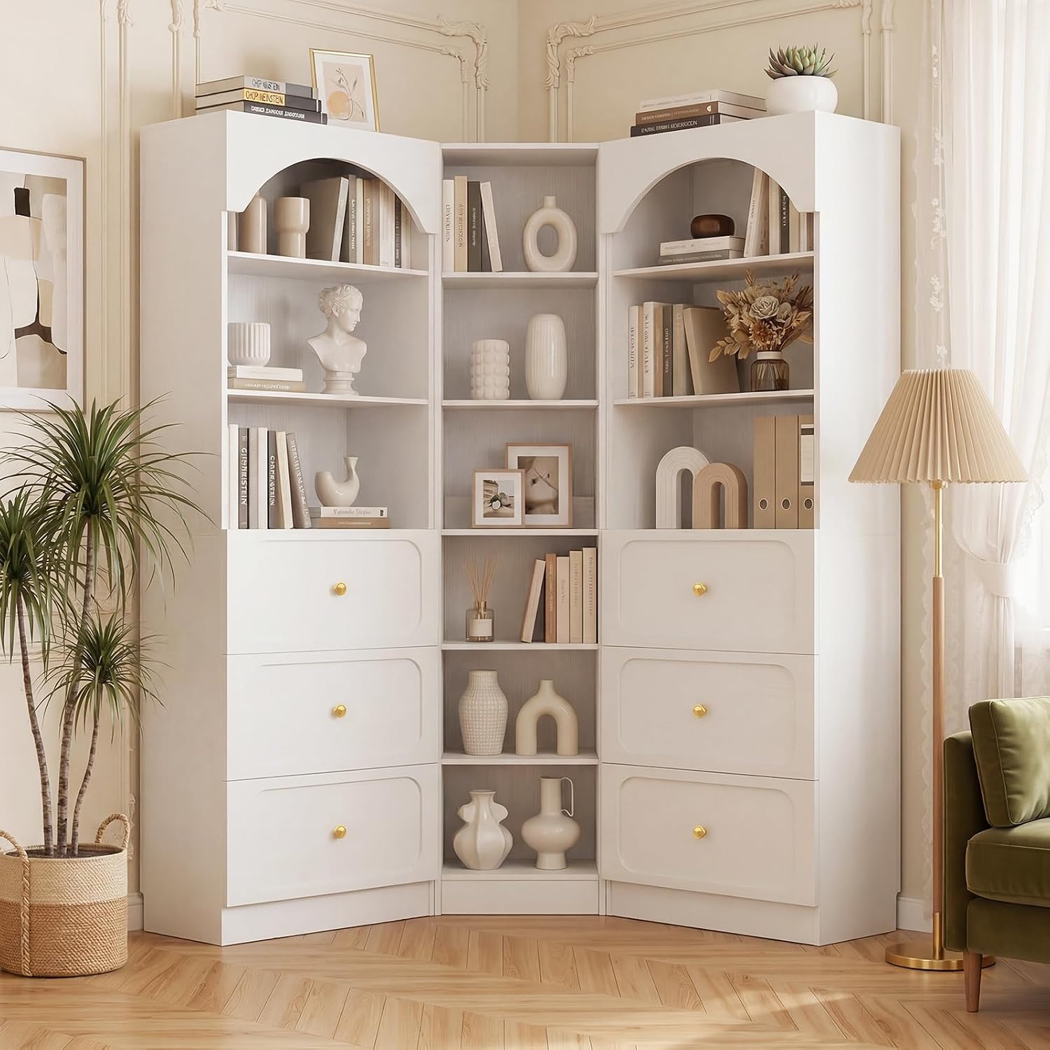 Cyclysio 80" Tall Pantry System with 6 Drawers, Arched Corner Pantries with 12-Tier Open Shelves, Wooden Cupboard Storage Organizer with Baseboard Cutout for Living Room, Kitchen