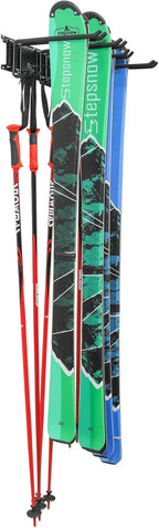 RaxGo Ski Wall Rack, Holds 4 Pairs of Skis & Skiing Poles or Snowboard for Home and Garage Storage, Wall Mounted, Heavy Duty and Adjustable Rubber-Coated Hooks