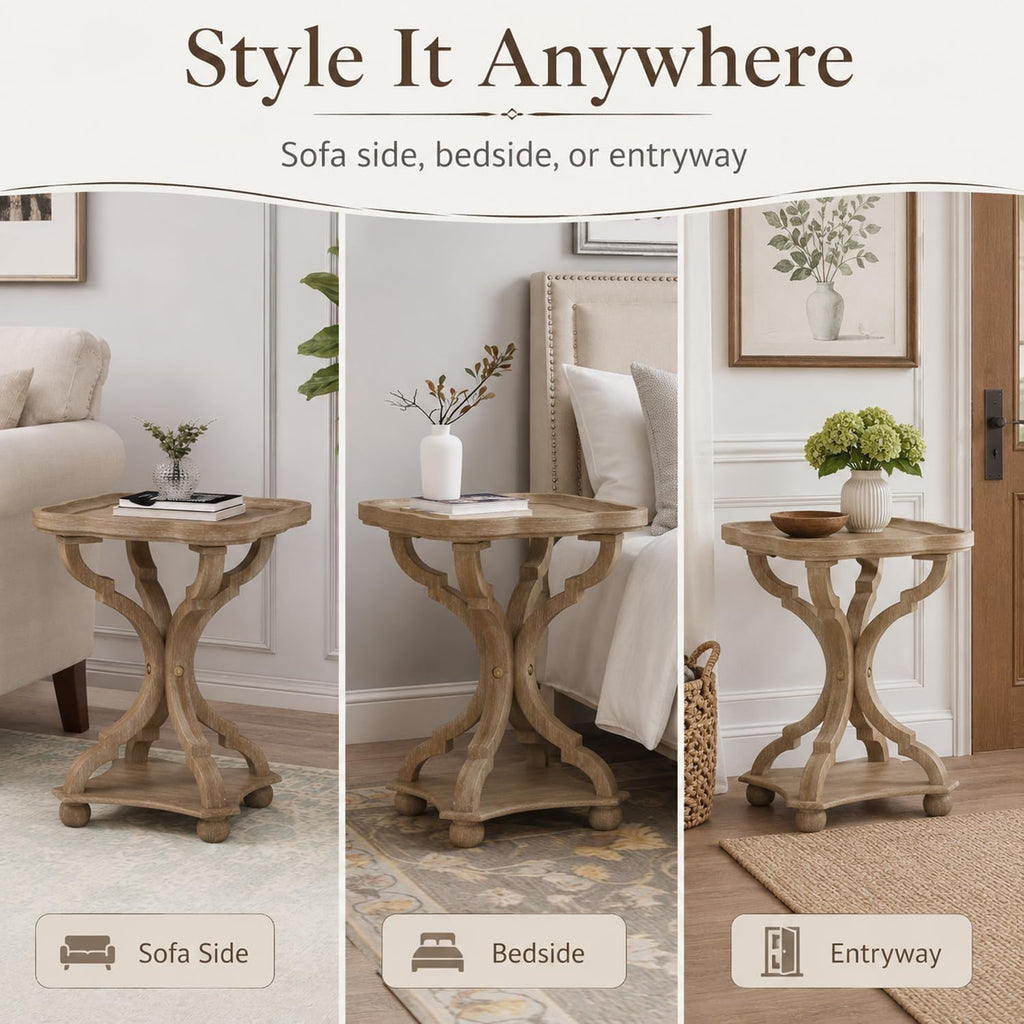 French Country Accent Table, Farmhouse Side Table (Natural B) | 19 Inch Fir Wood Piece with Lipped Rectangular Top, Hourglass Base for Living Room and Bedroom