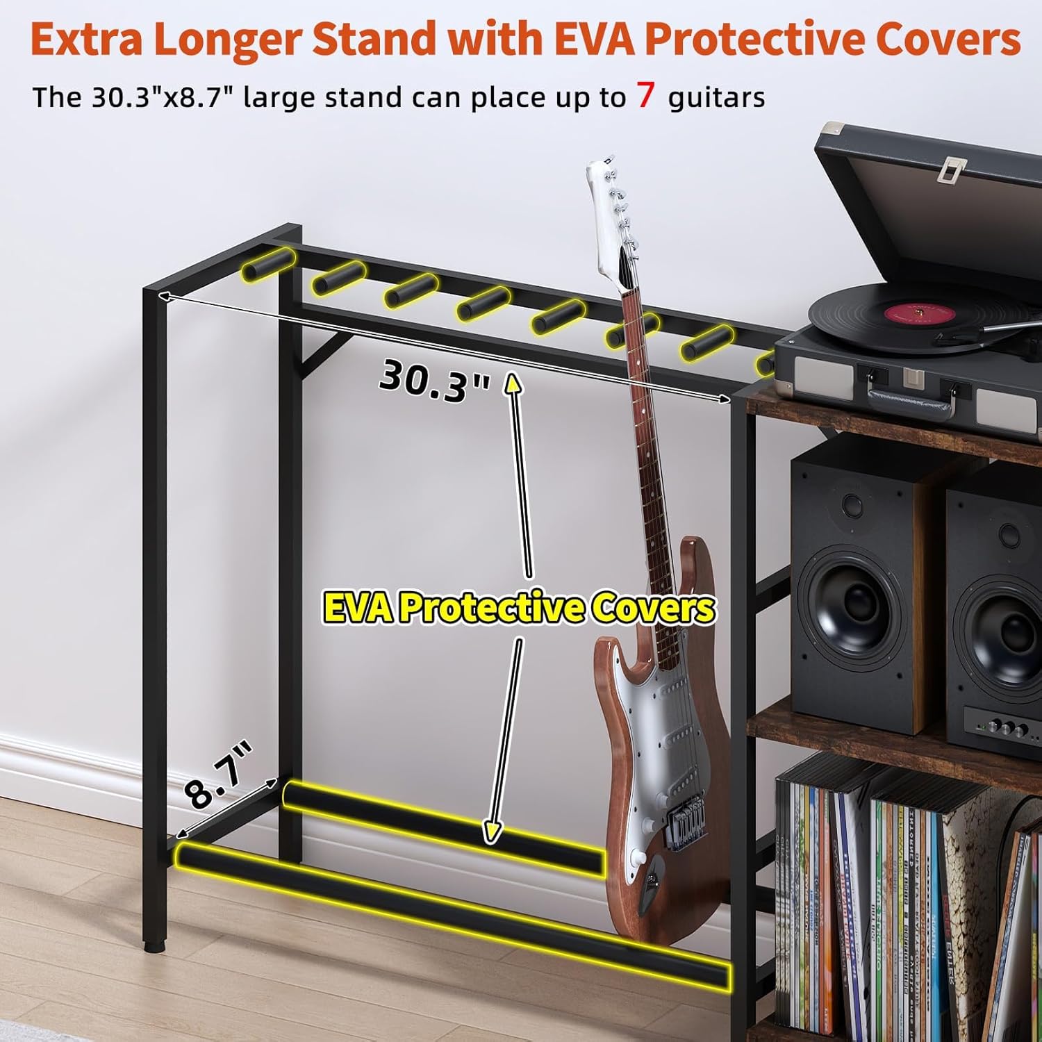 Guitar Stand with Record Player Stand, Guitar Rack with Record Player Table, Guitar Holder 7 Space for Multiple Guitars, Bass, Acoustic, Guitar Display for Home Music Studio, Brown