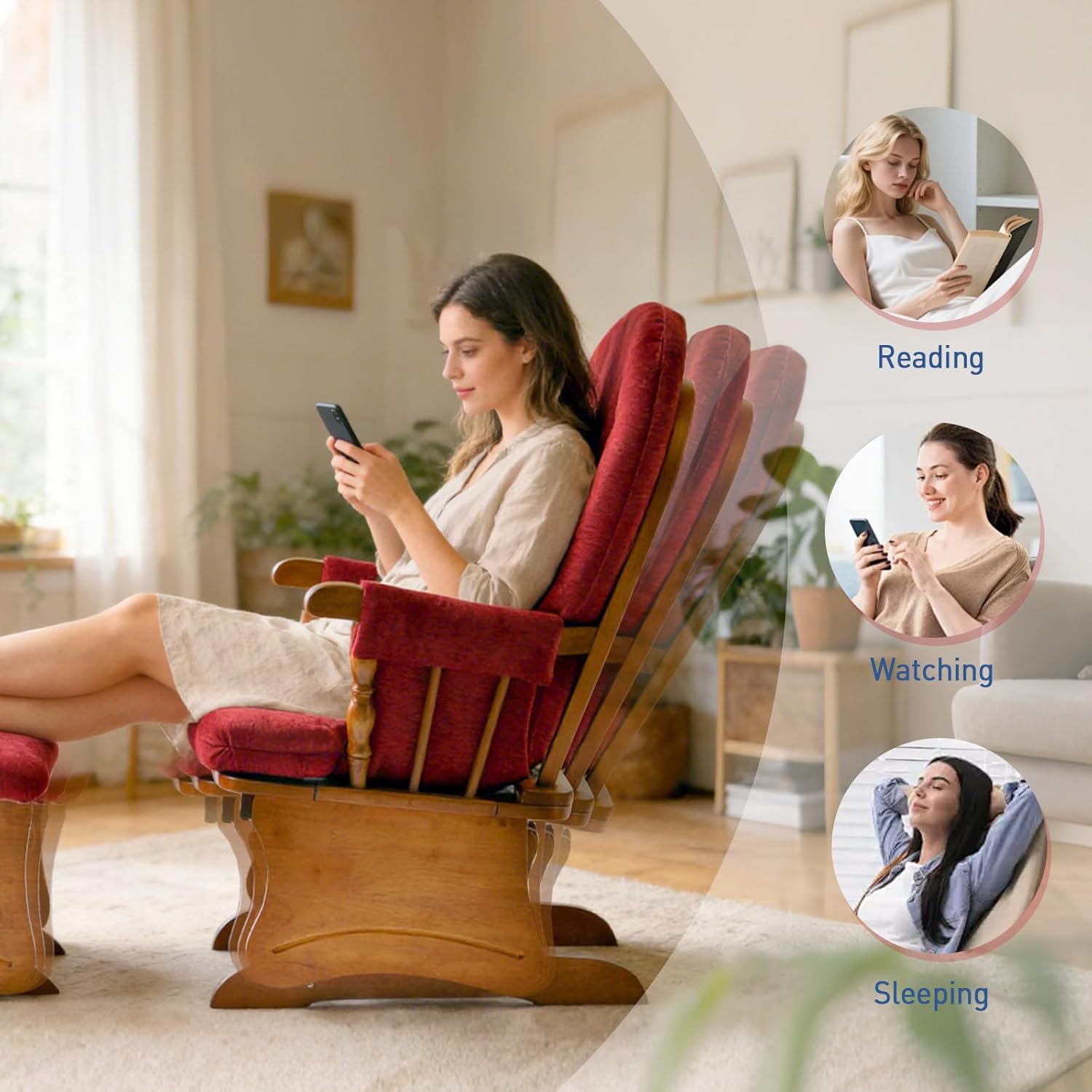 Wooden Base Rocking Chair, Silent Rocking Motion, Feeding Chair, Nursing Rocker with Footstool, Sturdy and Easy to Assemble, Burgundy