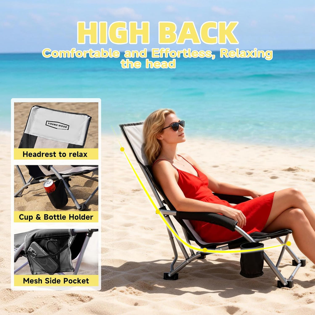 YOUNG WOOD High Beach Chair, Camping Chair, High Back Extra Wide Seat Chair with Comfortable Pillow & Storage Pocketsuitable for Adults, Children and Pets Fishing, PLoad Capacity 350lb,Black.1p