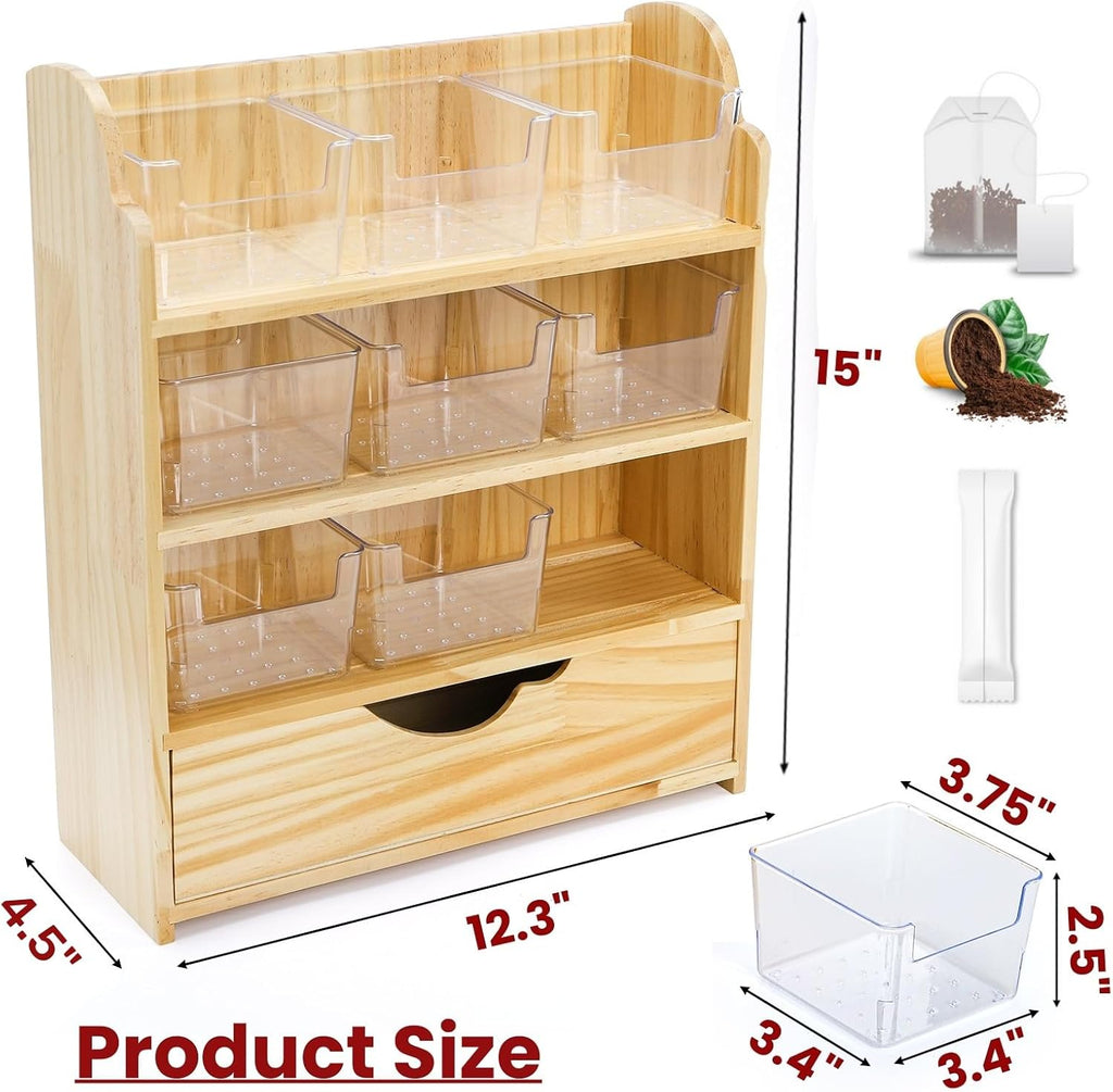 Tlence 4 Tier Wood Tea Bag Organizer, 15"x12.3"x4.5" Vertical Tea Storage Holder, Teabag Station Stand with 9 Plastic Box, Tea Packet Rack with Slide Drawer, Teabag Cabinet Shelf for Sugar and Creamer