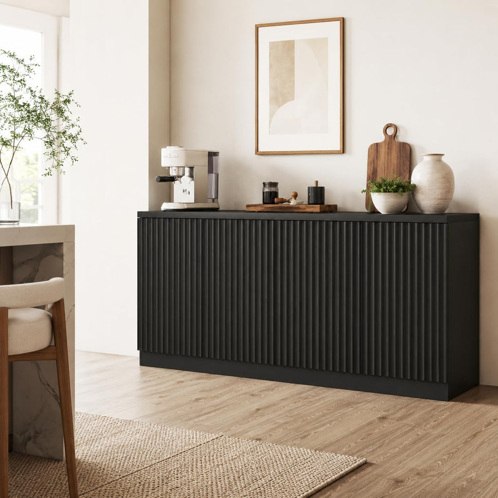 Fluted Sideboard Buffet Cabinet, 63" Credenza Storage Cabinet with 4/6 Doors,Media Console Table for Living Room Kitchen Entryway,Anti-Tip (Black)