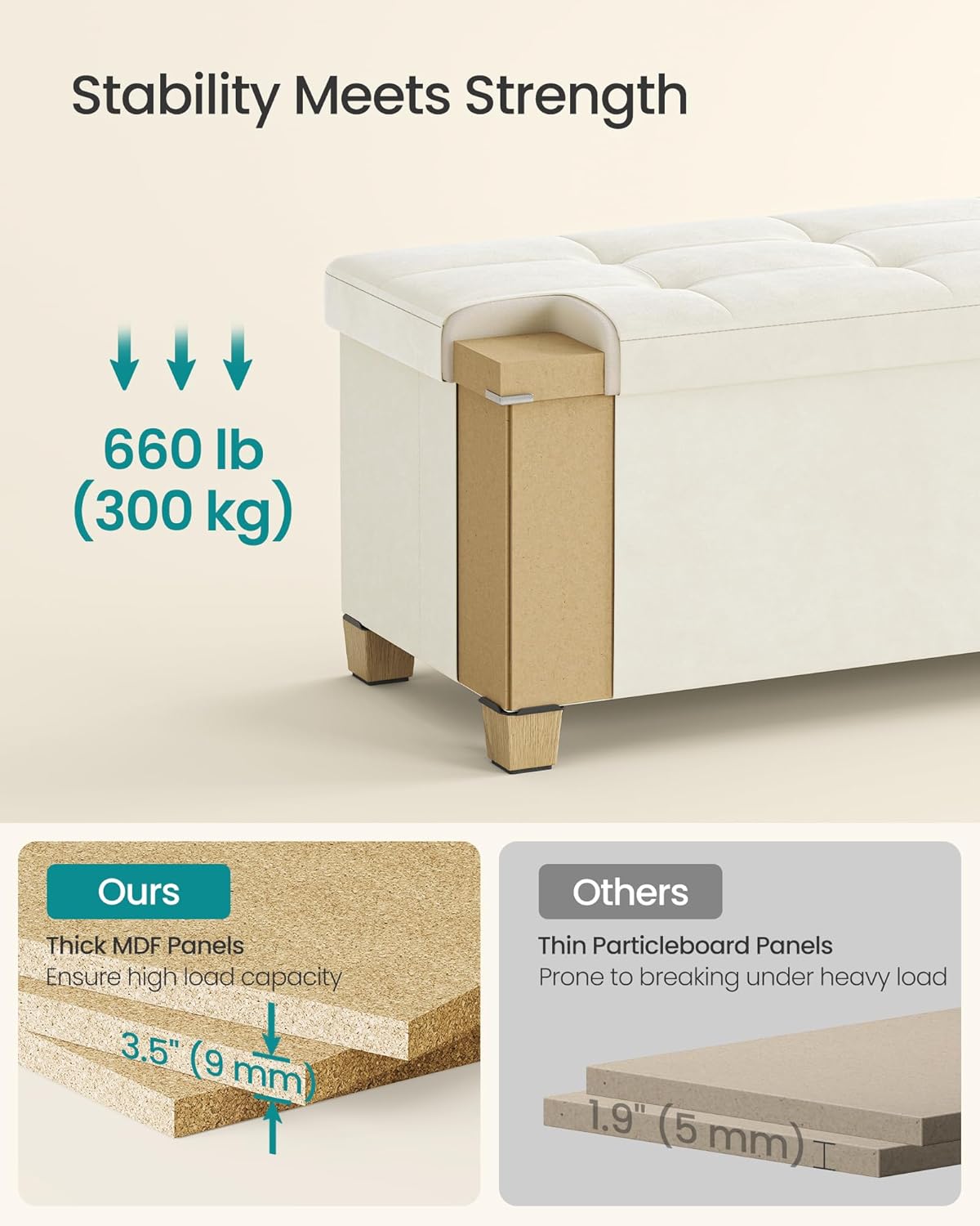 SONGMICS Storage Ottoman Bench with Legs, Folding Ottoman Foot Rest with Flipping Lid, Bench with Storage, for Living Room, Bedroom, Entryway, Velvet, 43.3 Inches, Cappuccino Beige ULSF083LH01
