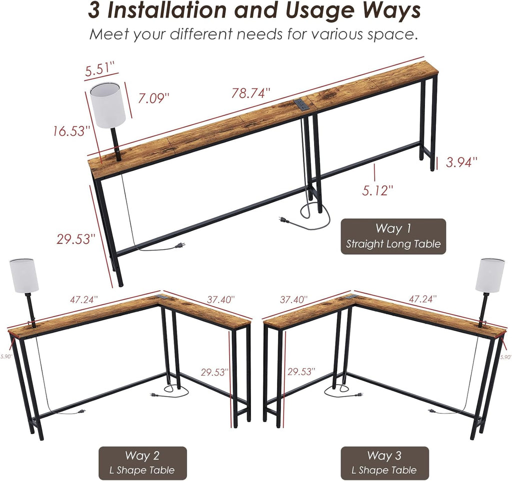 X-cosrack 78.8" Long Narrow Sofa Table with Outlet & LED Bulb, L Shaped Skinny Corner Console Table Behind Couch, Slim Sofa Table wtih 3 Color Light for Living Room, Bedroom, Entryway, Rustic Brown