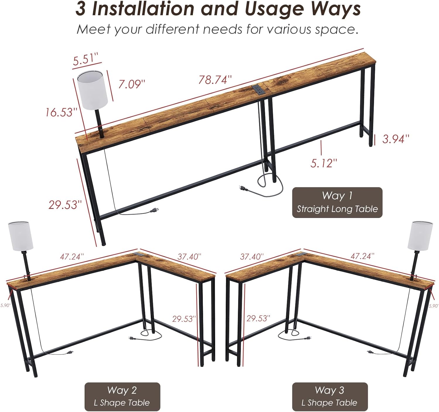 X-cosrack 78.8" Long Narrow Sofa Table with Outlet & LED Bulb, L Shaped Skinny Corner Console Table Behind Couch, Slim Sofa Table wtih 3 Color Light for Living Room, Bedroom, Entryway, Rustic Brown