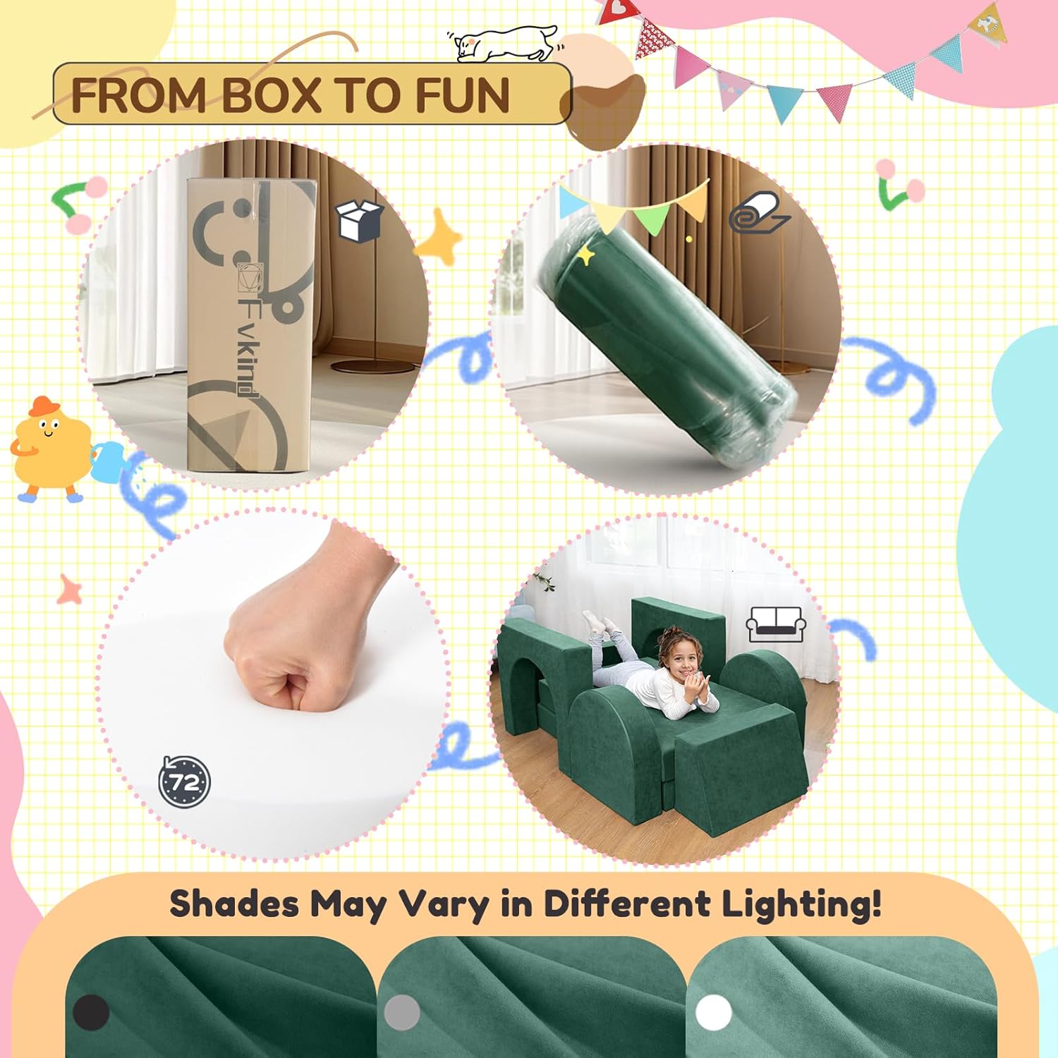 Fvkind 10 Pcs Modular Kids Play Couch for Playroom, Multifunctional Foam Kids Couch, Convertible Sectional Toddler Sofa for Boys and Girls, Toddler Sofa with Premium Foam and Washable Cover, Willow