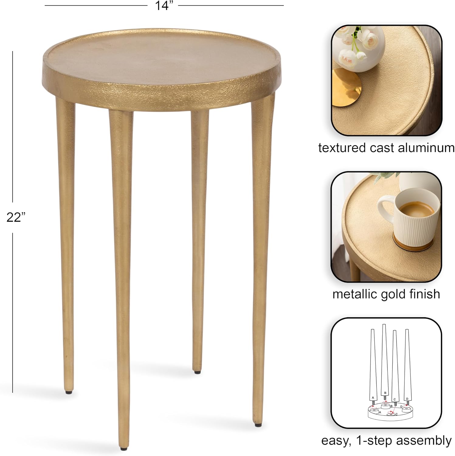 Kate and Laurel Rava Modern Metal Round Side Table, 14 x 14 x 22, Gold, Cast Aluminum Accent Table for Use as Indoor Plant Stand or Living Room Decor Piece