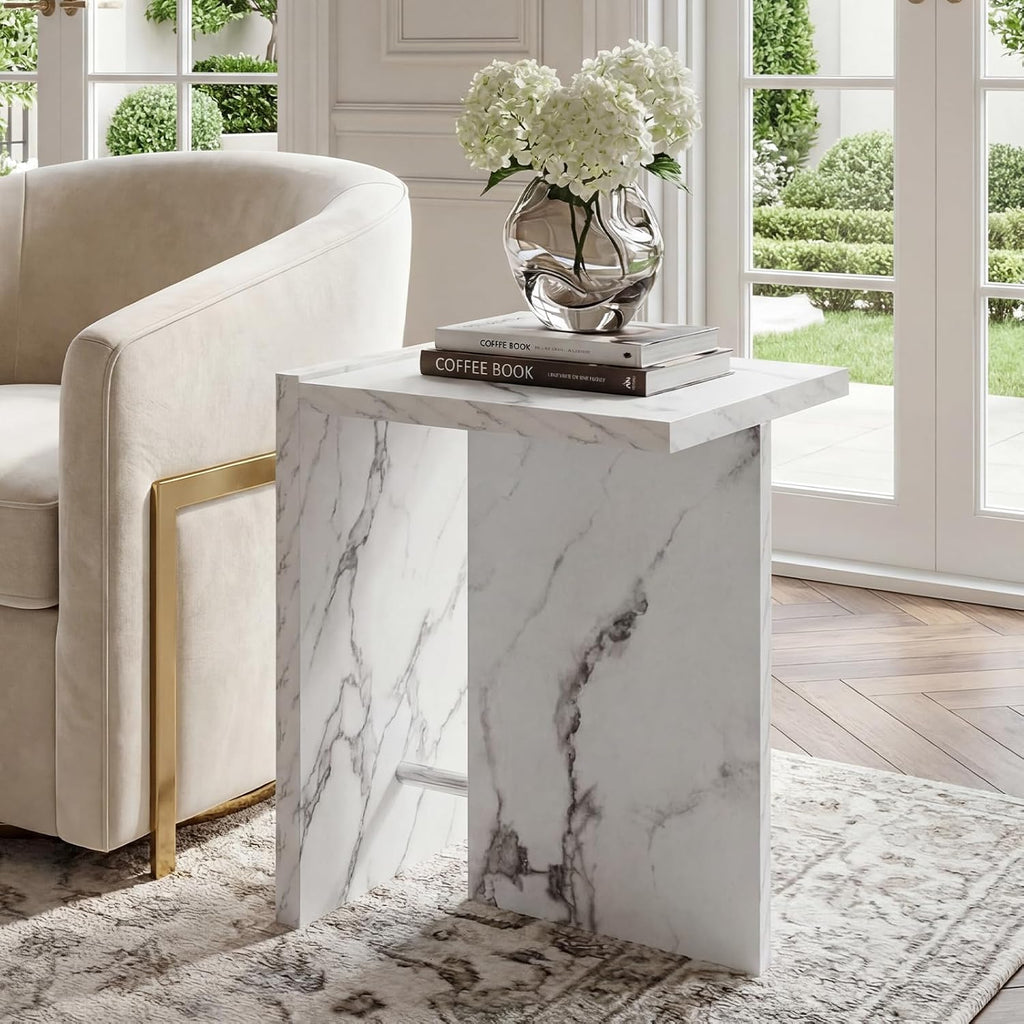 Modern End Table with Faux Marble Finish, White Marble Vein Side Table, Space Saving Sofa Accent Table, Small Nightstand Table for Living Room, Bedroom, Small Apartment