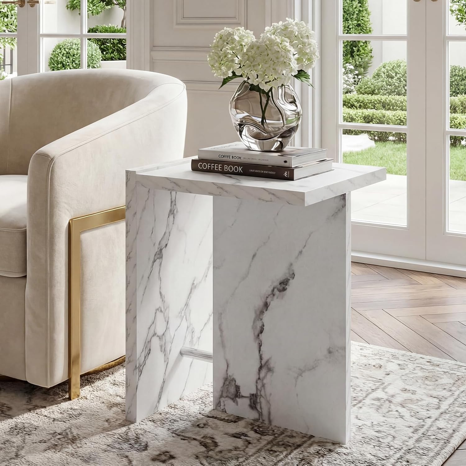 Modern End Table with Faux Marble Finish, White Marble Vein Side Table, Space Saving Sofa Accent Table, Small Nightstand Table for Living Room, Bedroom, Small Apartment