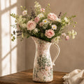 Vintage Ceramic Pitcher Vase with Handle 10.5”, Green & Pink Floral Farmhouse Vase, Chinoiserie Decorative Centerpiece for Living Room, Bookshelf
