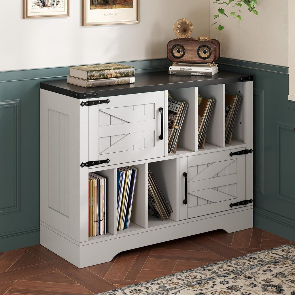 39in Large Record Player Stand with Vinyl Storage, Farmhouse Wood Turntable Cabinet with 2 Barn Doors, Mid-Century Modern Record Storage Holds Up to 450 Albums for Living Room Bedroom- White
