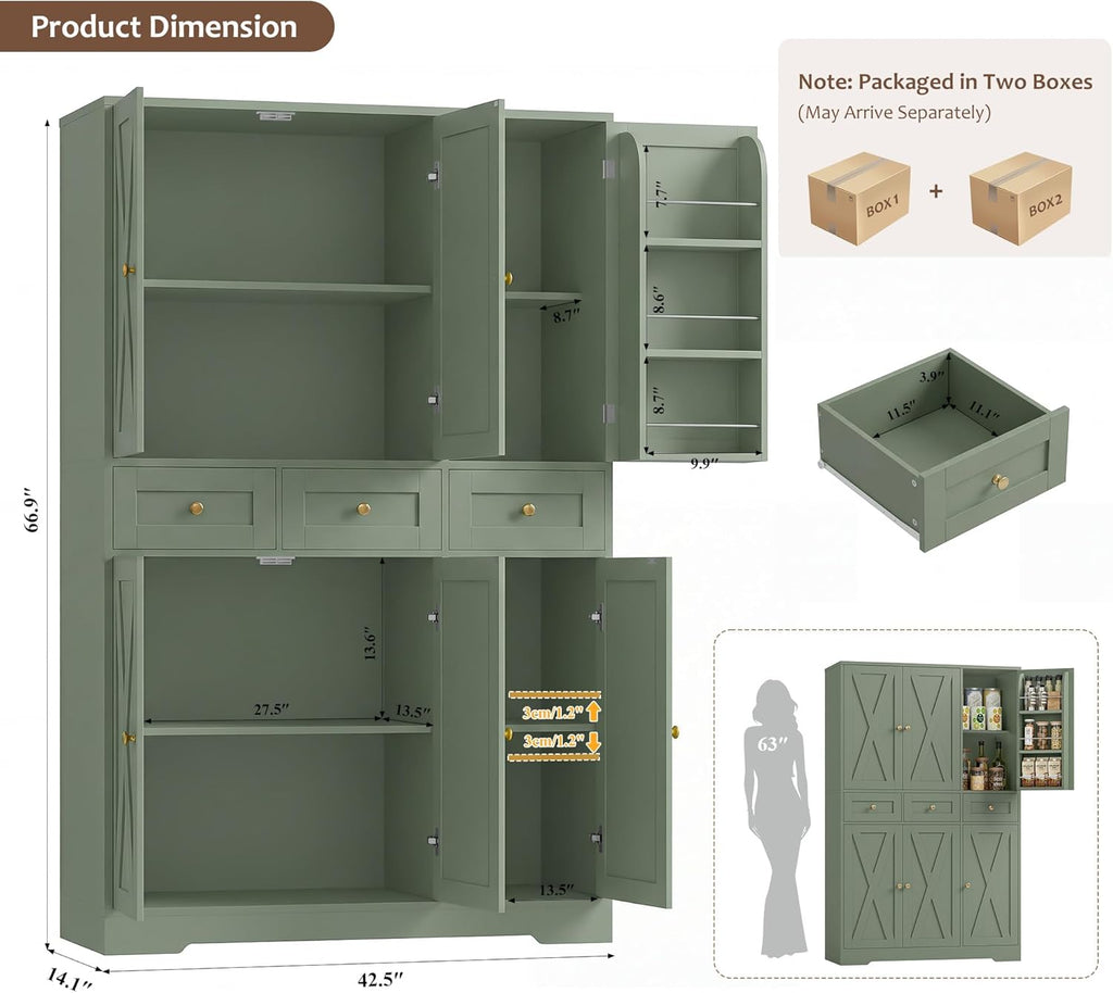 HOSTACK Modern Farmhouse Kitchen Pantry Storage Cabinet, 67" H Kitchen Pantry Cabinet with Barn Doors and Shelves, Freestanding Food Storage Cabinets with Drawers for Dining Room, Living Room, Green