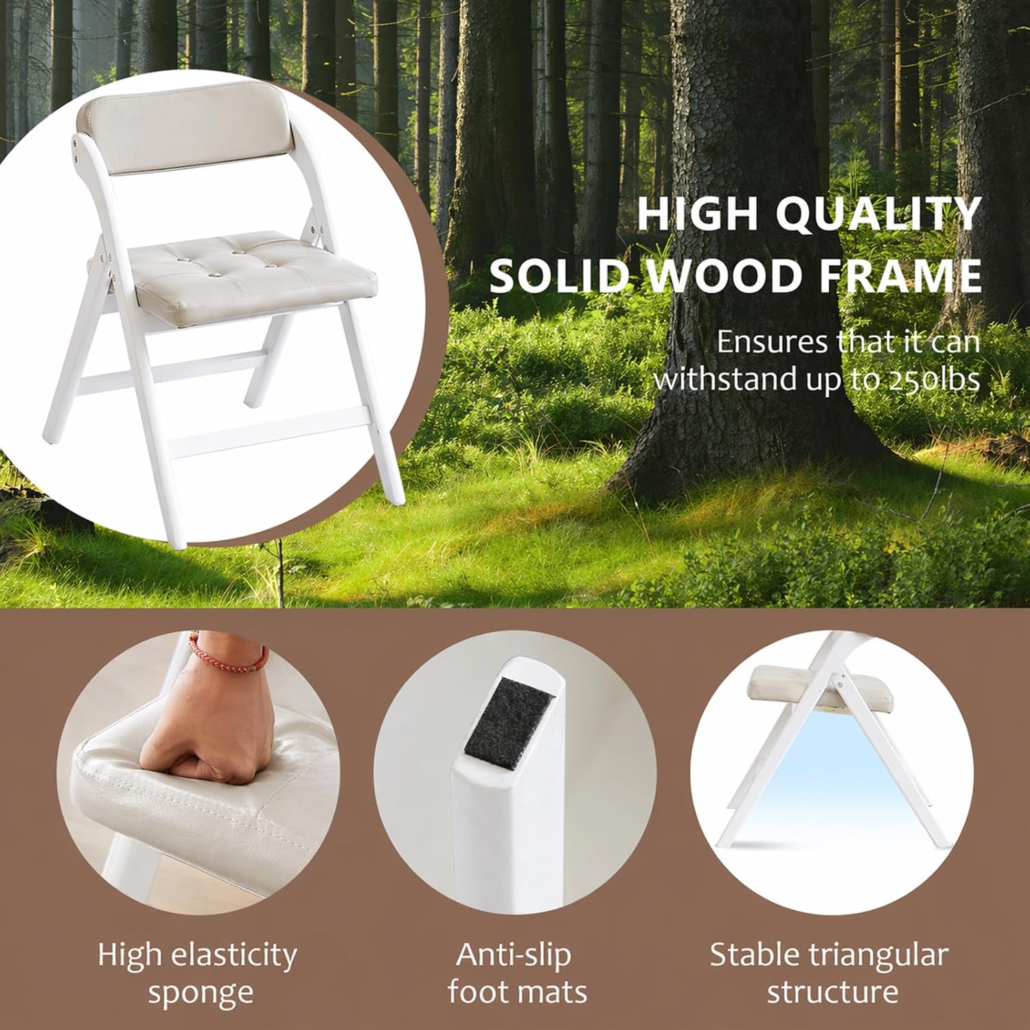 Wood Folding Chairs Set of 2, Upholstered Foldable Dining Chairs with Padded Seat and Backrest, Portable Accent Chairs for Kitchen, Dining Room, Apartment, Office, Guest Seating, White