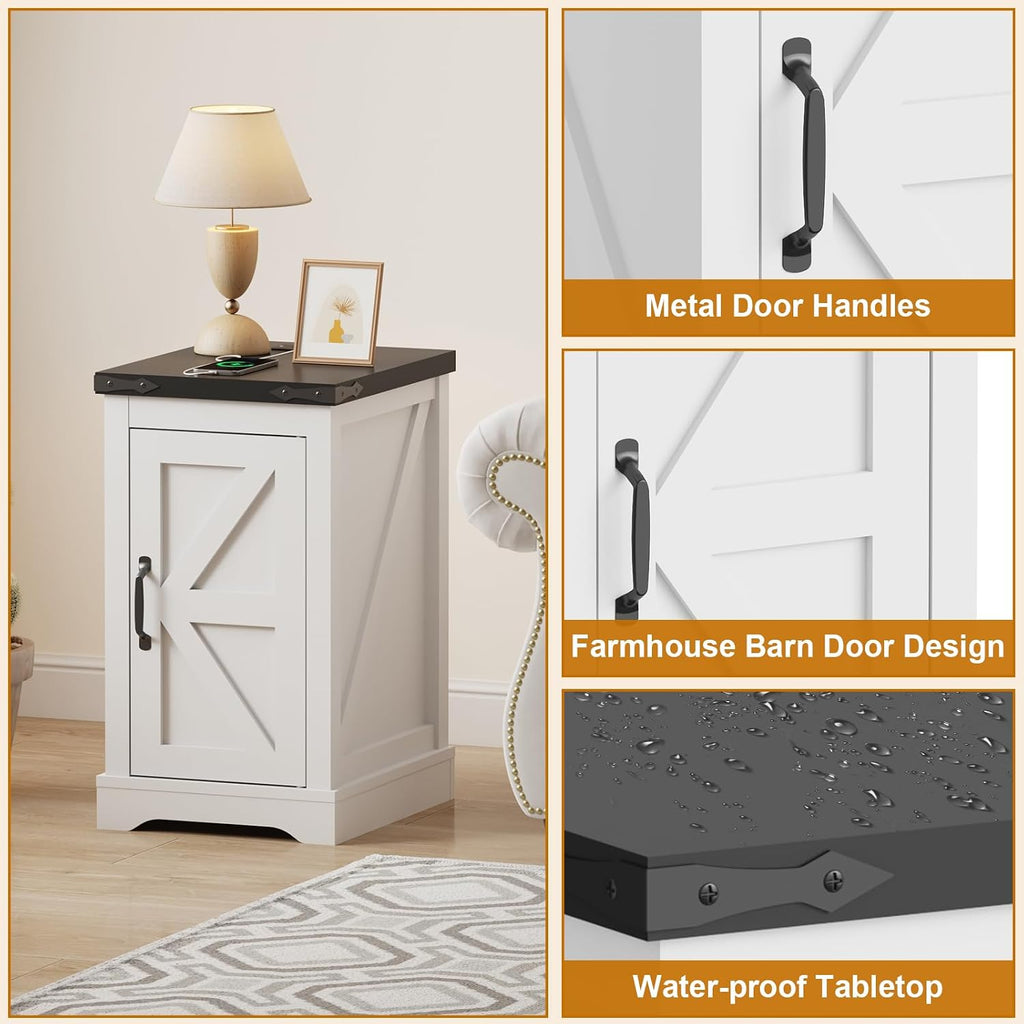 Farmhouse End Table with Charging Station & 2 USB-c Ports | Modern Bedside Table with 2 AC Outlets, Adjustable Shelf, Cable Management | Convenient Power End Table for Bedroom, Living Room