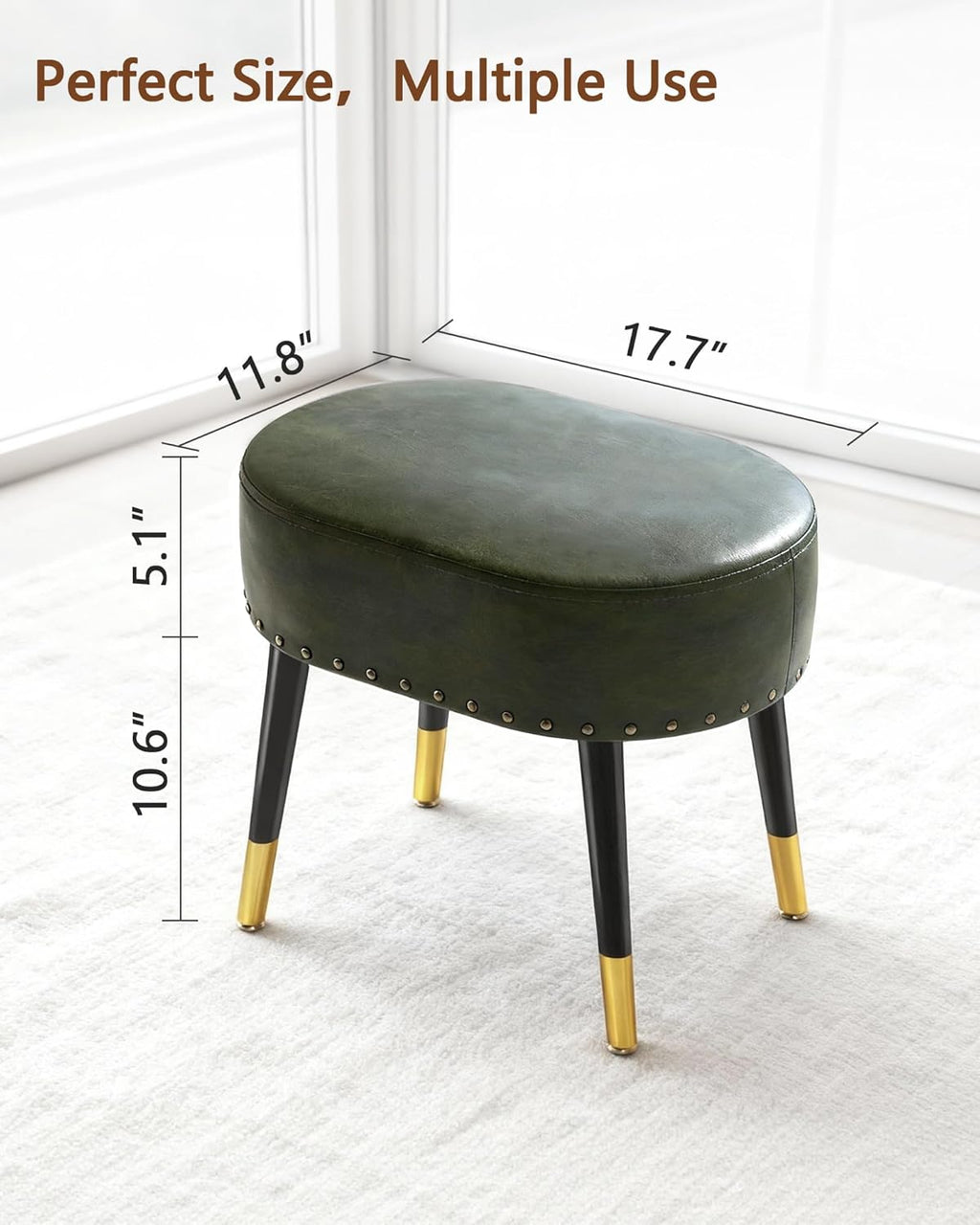 LITZFUR Vanity Stool Chair for Makeup, Pu Leather Oval Footrest, Vintage Rivet Ottoman Bench with Metal Legs, Dressing Stool for Batheroom, Living Room, Entryway, Green