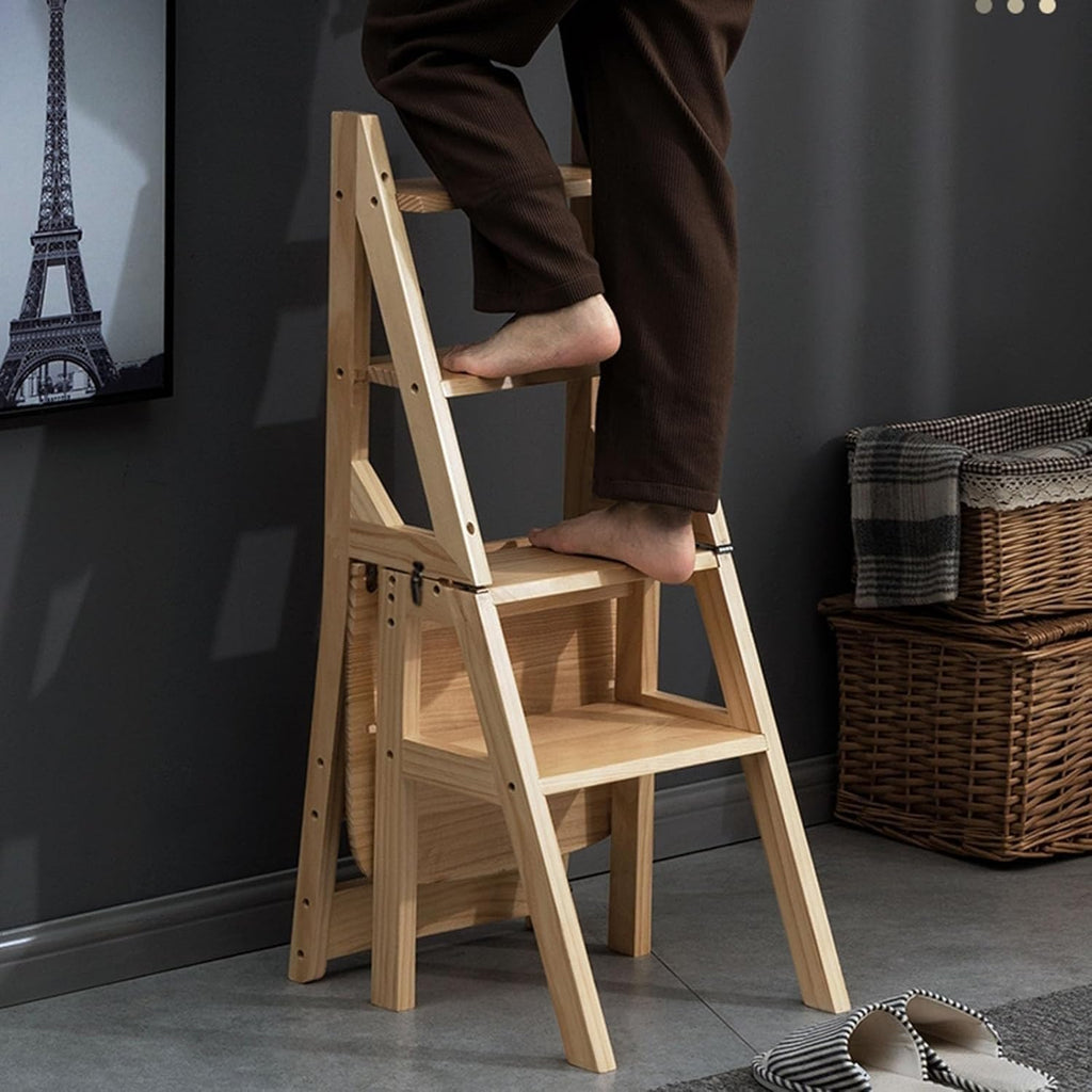 Wooden 3in1 Folding Step Stool Chair with Display Shelf Convertible Ladder for Home Library(B)