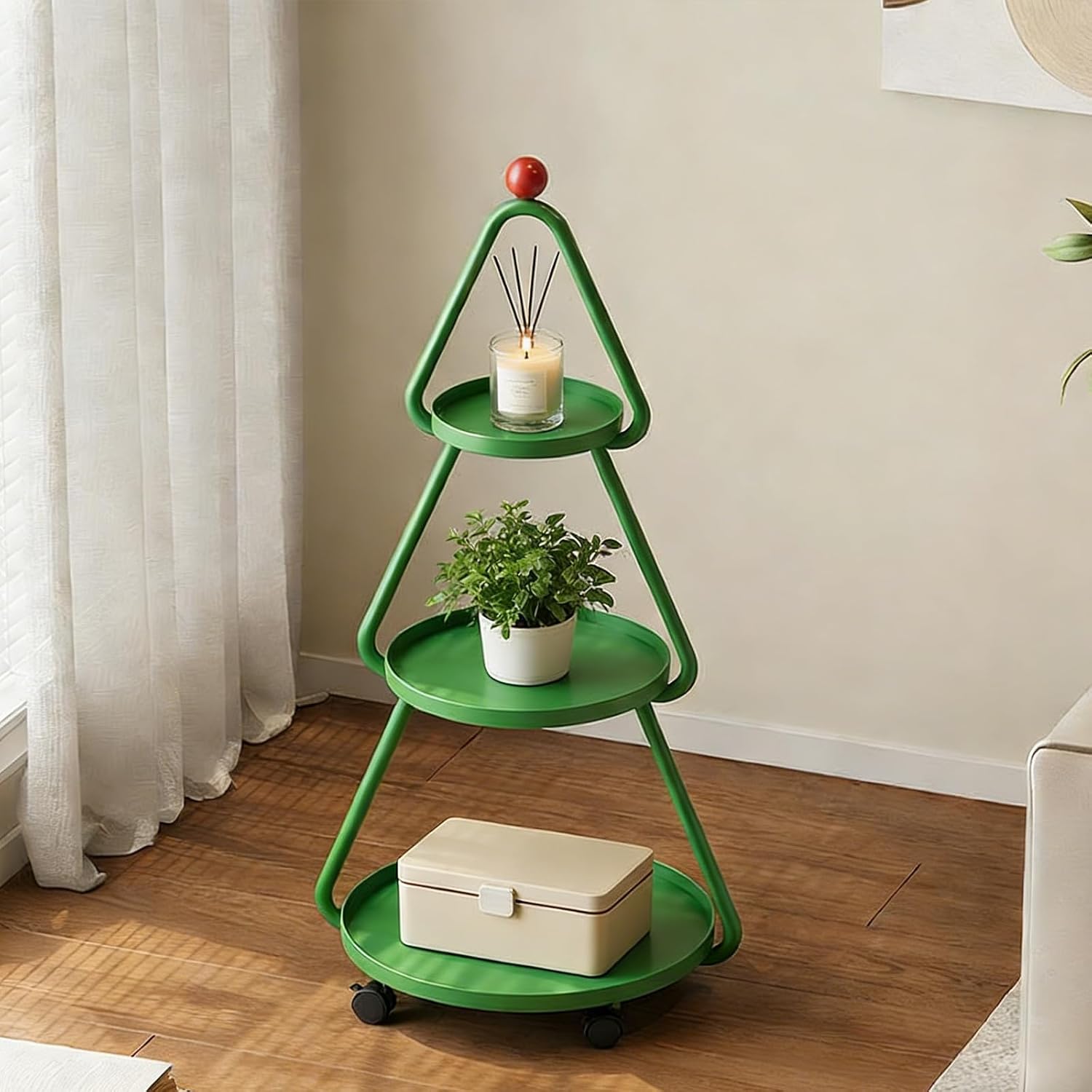 Tree-Shaped Side Table Metal 3-Tier End Table with Rolling Wheels Couch Tables for Small Space, Living Room, Bedroom Green