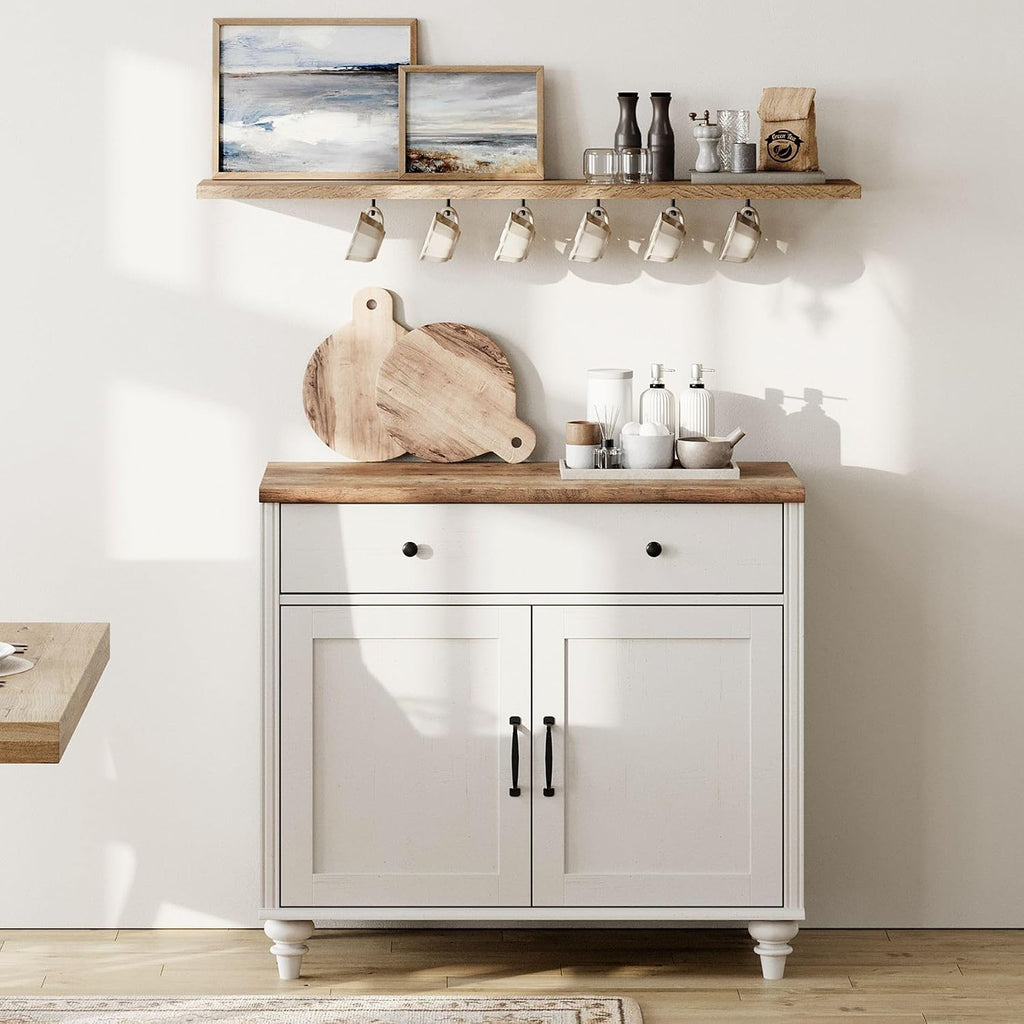 WAMPAT 34’‘ White Buffet Cabinet with Doors and Drawer, Wood Kitchen Storage Cabinet Modern Farmhouse Coffee Bar Table Sideboard Credenza for Dining Room