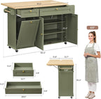 60.2" Kitchen Islands with Storage, Kitchen Island Cart with Trash Can Storage Cabinet, Rolling Kitchen Island Table with Drop Leaf & Power Outlet & Spice Rack & Towel Rack & Knife Holder, Green
