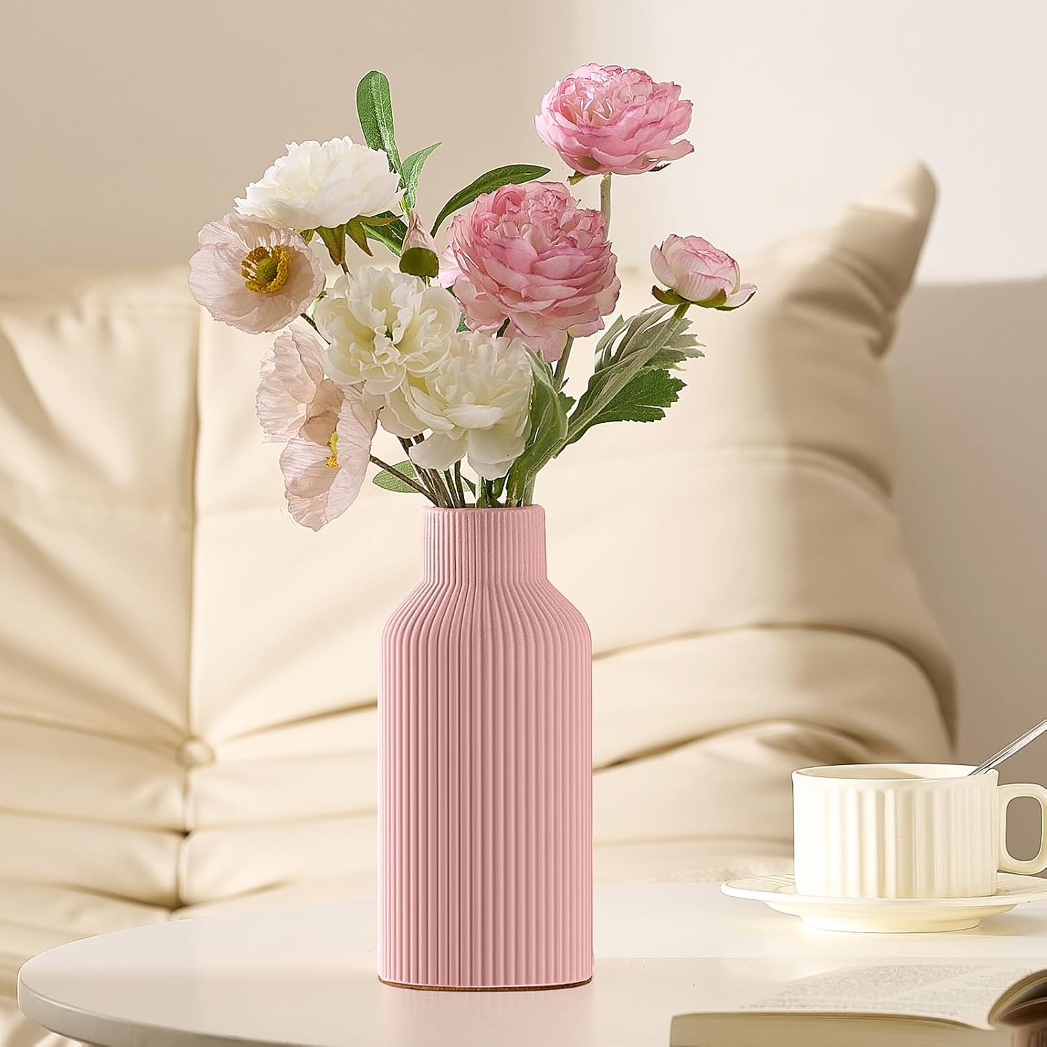 Mfacoy Ceramic Flower Vase, Minimalist Decor, Modern Home Decorative Vase, 8 in Small Pampas Grass Vases For Kitchen, Bedroom, Office, Living Room, Bathroom, Shelf Centerpiece Table Decorations (Pink)