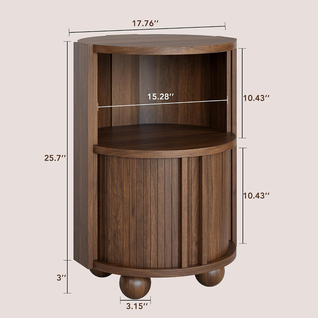Decofy Modern Round Nightstands Set of 2 with Sliding Doors and 2 Storage Shelves, Modern Bedside End Table, Suitable for Bedroom (Walnut)