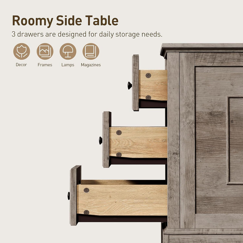 RALGEND Farmhouse End Table with 3 Drawers, Wooden Slim Nightstand, Narrow Sofa Side Table with Storage for Living Room, Bedroom, Study, Greige
