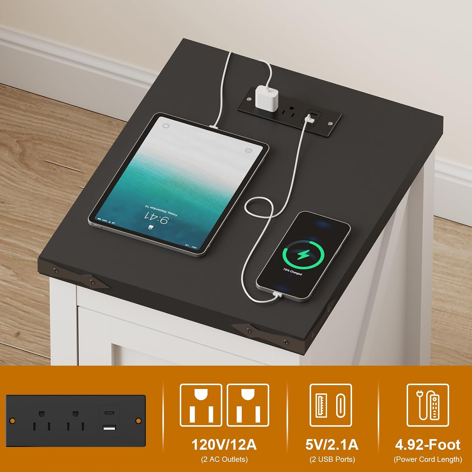 Farmhouse End Table with Charging Station & 2 USB-c Ports | Modern Bedside Table with 2 AC Outlets, Adjustable Shelf, Cable Management | Convenient Power End Table for Bedroom, Living Room