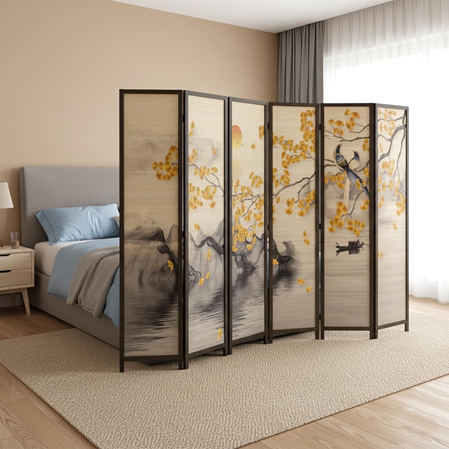 MyGift 6-Panel Large Bamboo Room Divider with Dual-Sided Asian Birds and Gingko Tree Sunset Print, Freestanding Privacy Screen with Brown Solid Wood Frame