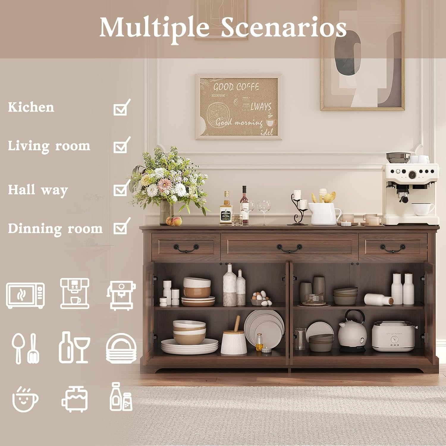 Vipbear 65" Large Sideboard Buffet Cabinet with Storage, Farmhouse Buffet Table Wine Coffee Bar Kitchen Storage Cabinet with 3 Drawers 4 Doors for Living Room, Kitchen, Dining Room, Dark Walnut