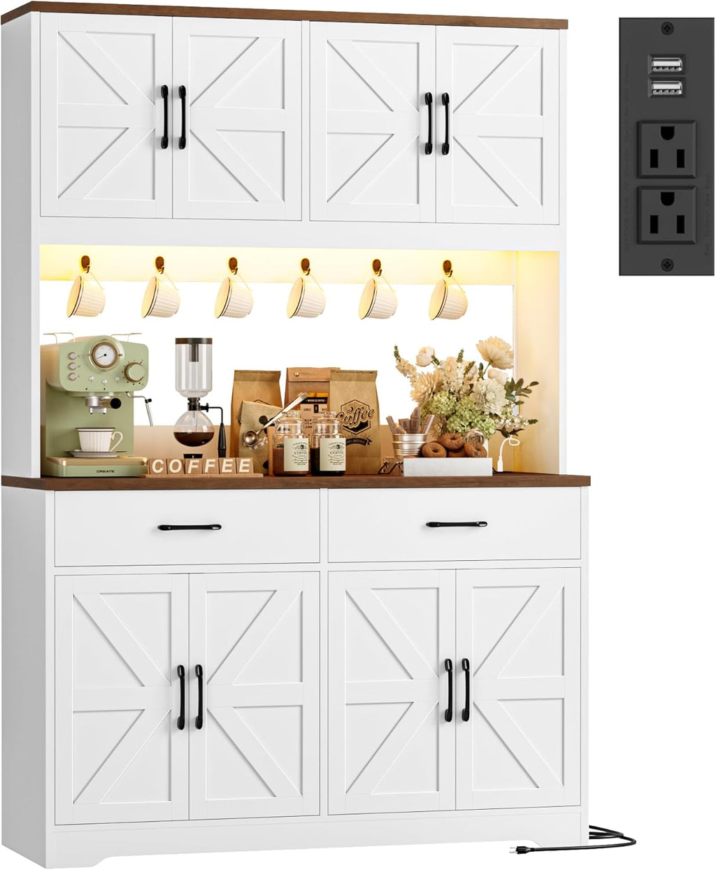 HIFIT 71" Tall Kitchen Pantry Cabinet with RGB LED and Charging Station, Farmhouse Coffee Bar Cabinet with Large Countertop and 6 Hooks, Kitchen Hutch Storage Cabinet, White