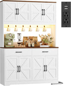 HIFIT 71" Tall Kitchen Pantry Cabinet with RGB LED and Charging Station, Farmhouse Coffee Bar Cabinet with Large Countertop and 6 Hooks, Kitchen Hutch Storage Cabinet, White