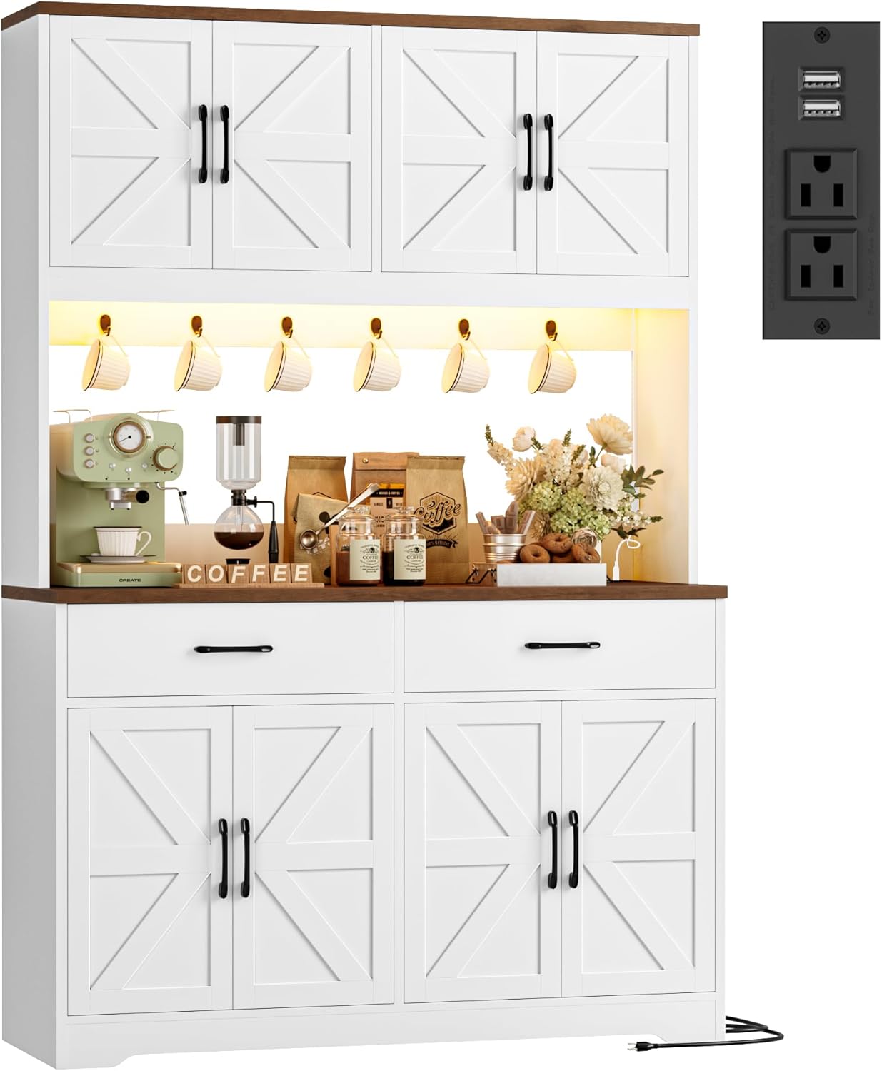 HIFIT 71" Tall Kitchen Pantry Cabinet with RGB LED and Charging Station, Farmhouse Coffee Bar Cabinet with Large Countertop and 6 Hooks, Kitchen Hutch Storage Cabinet, White