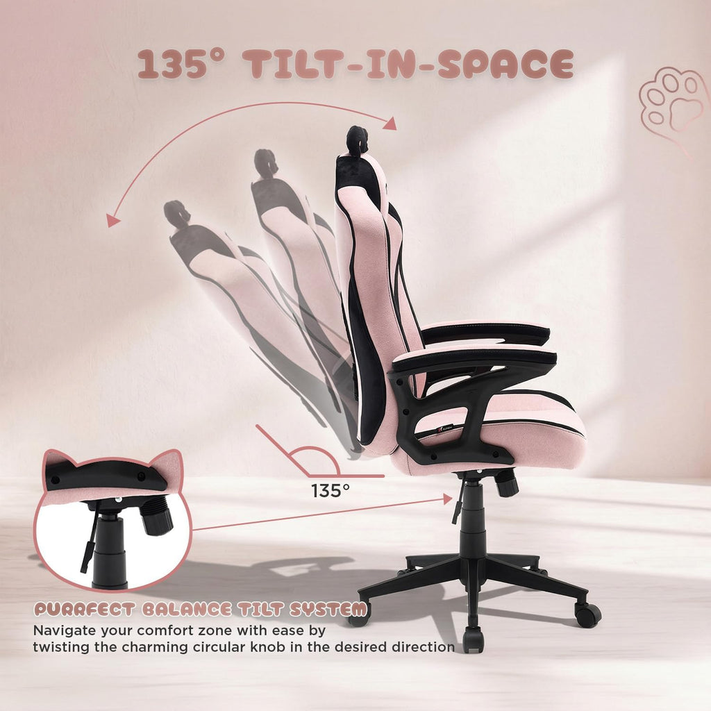 TTRACING Duo V4 Pink Gaming Chair with Wearable Cat Ears, Ergonomic Home Office Computer Desk Chair, Breathable Air Threads Fabric and Faux Leather, 135° Recline, 280lb Capacity, Kitty Puff