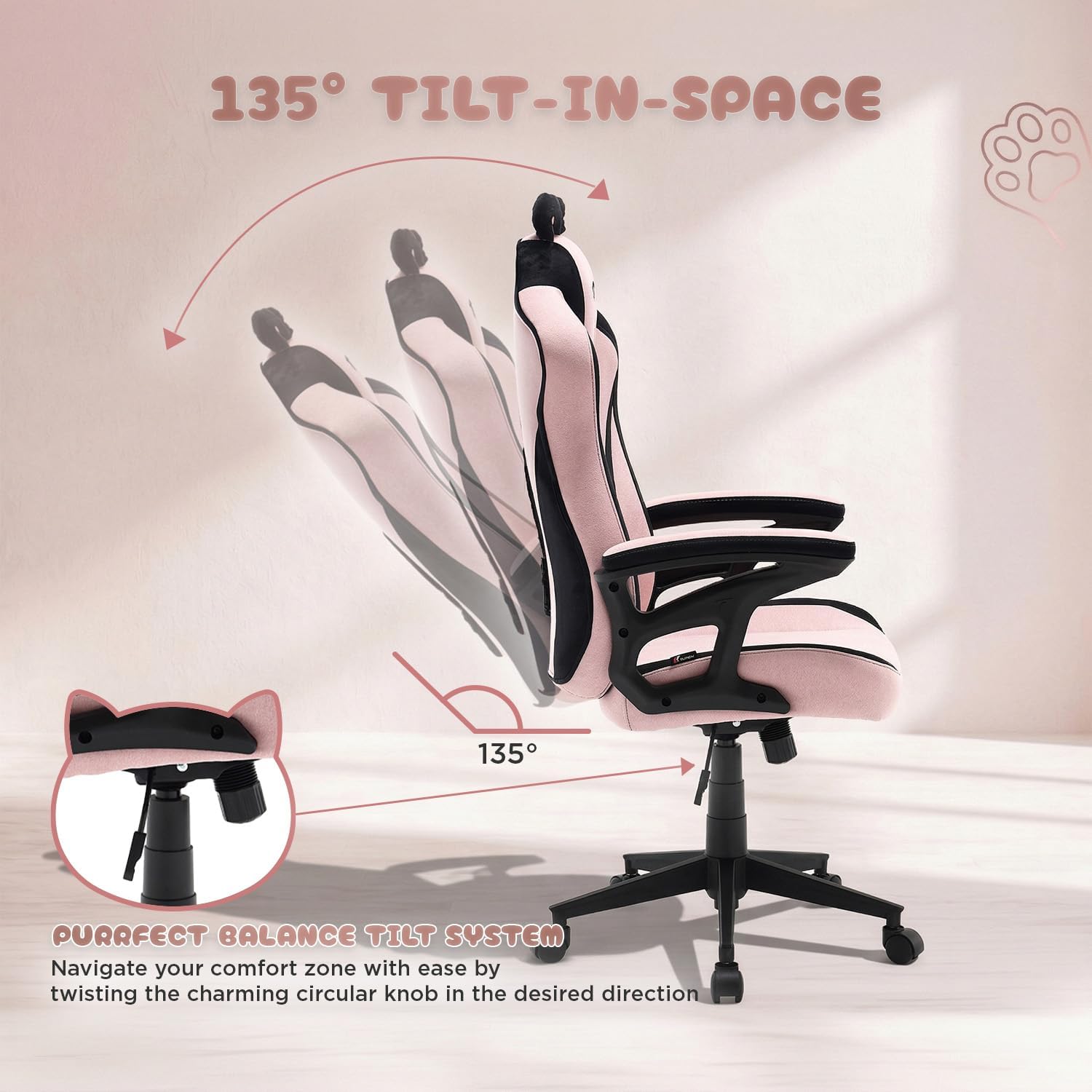 TTRACING Duo V4 Pink Gaming Chair with Wearable Cat Ears, Ergonomic Home Office Computer Desk Chair, Breathable Air Threads Fabric and Faux Leather, 135° Recline, 280lb Capacity, Kitty Puff